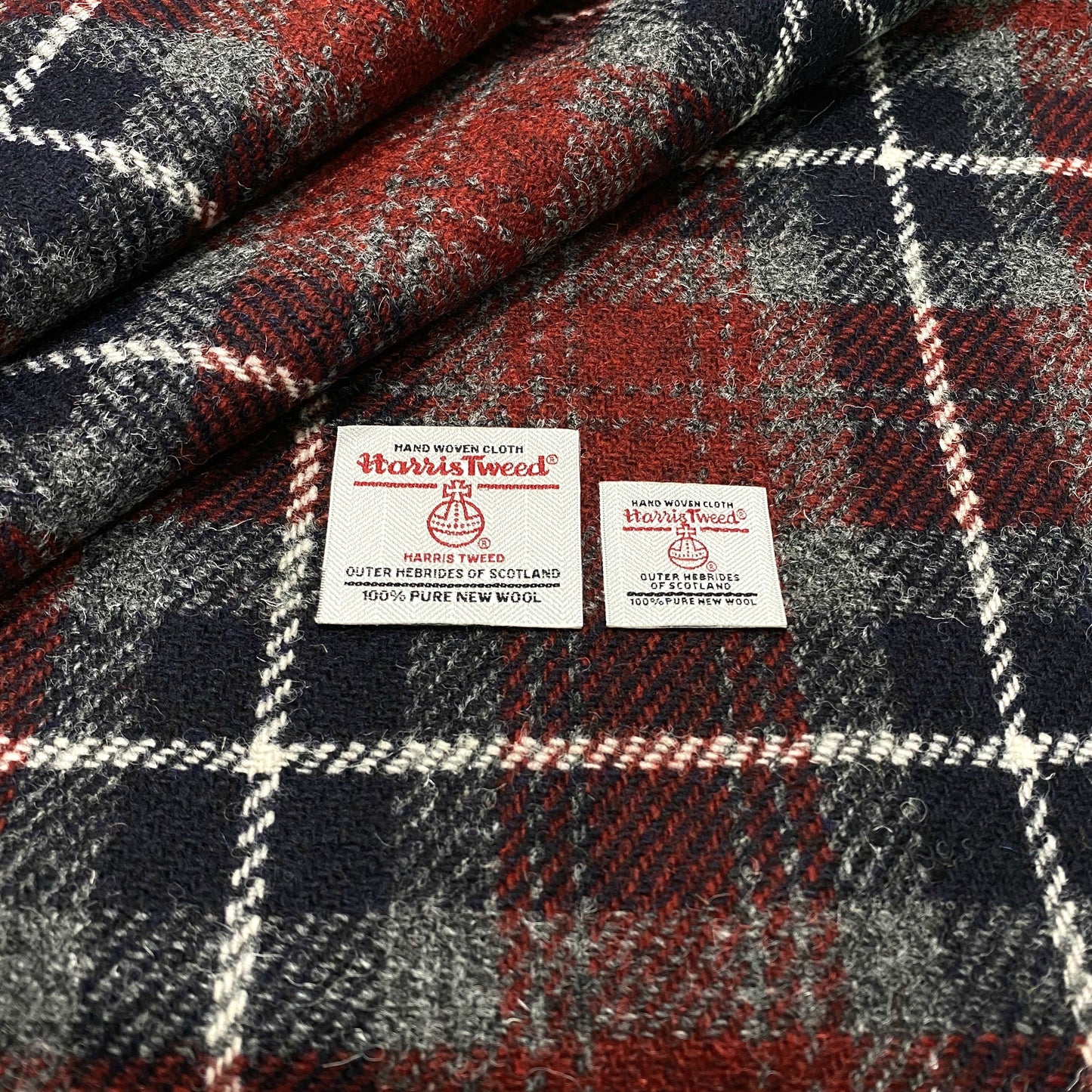 Dark Navy Blue & Deep Red Tartan Check Harris Tweed - BY THE METRE / HALF