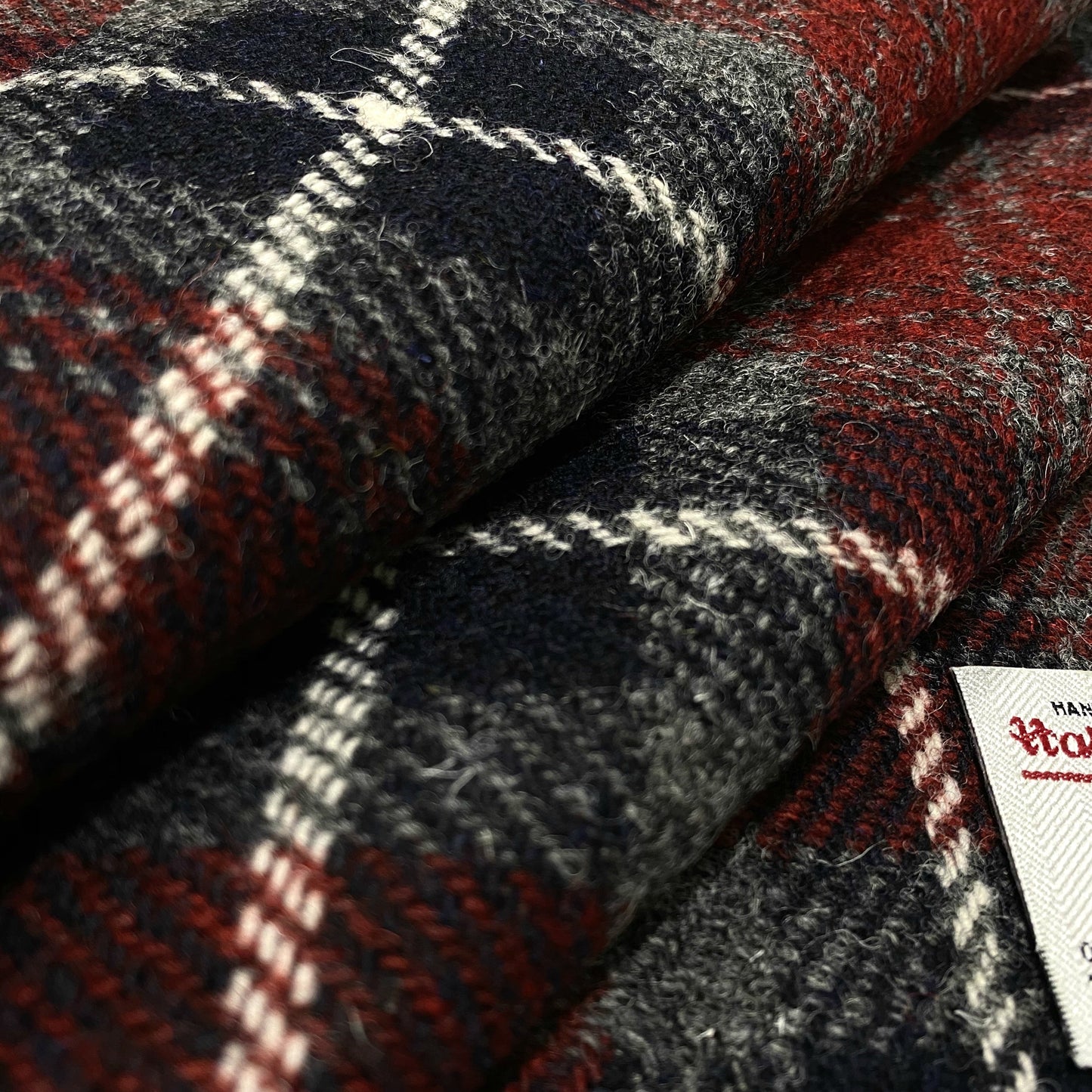 Dark Navy Blue & Deep Red Tartan Check Harris Tweed - BY THE METRE / HALF