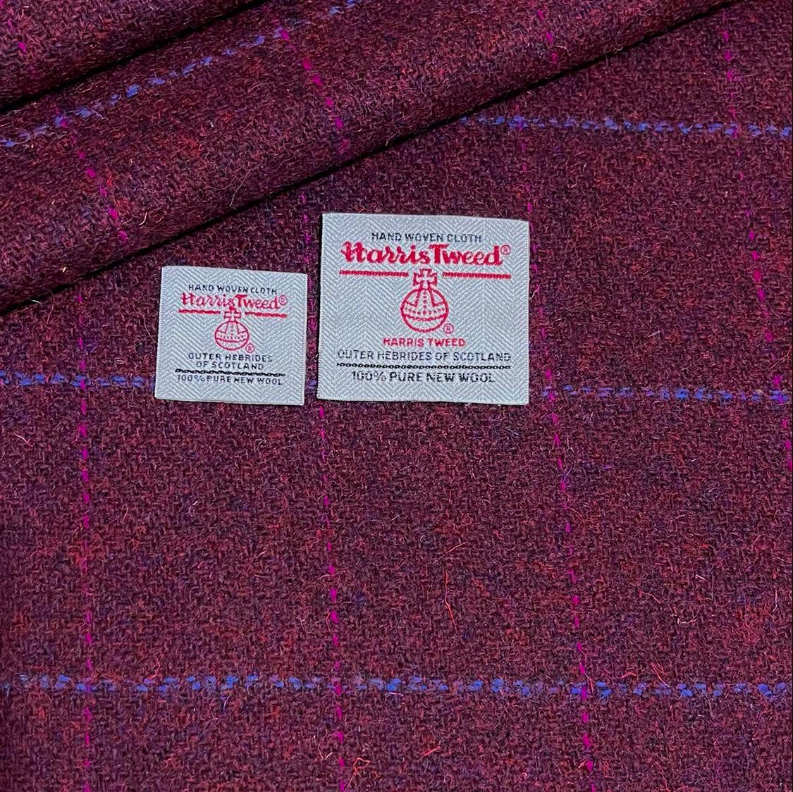 Burgundy Herringbone with Cerise & Blue Overcheck Harris Tweed - BY THE METRE / HALF