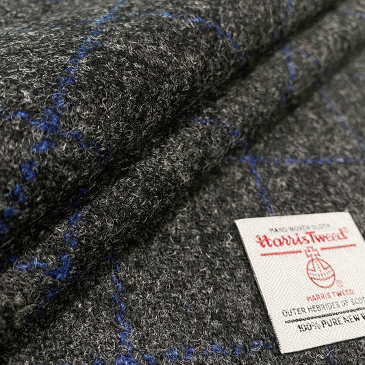 Dark Charcoal with Black & Blue Overcheck Harris Tweed - BY THE METRE / HALF