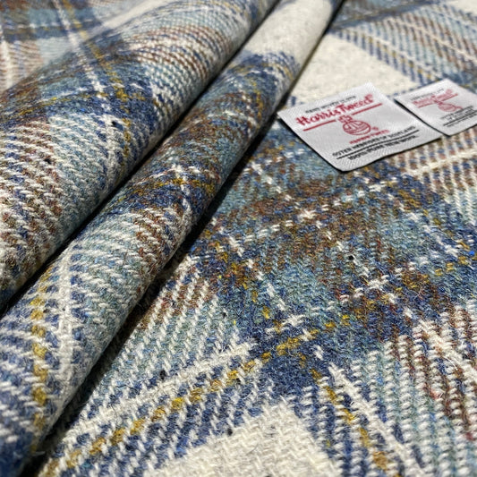 White With Flecks & Blue Tartan Harris Tweed - BY THE METRE / HALF