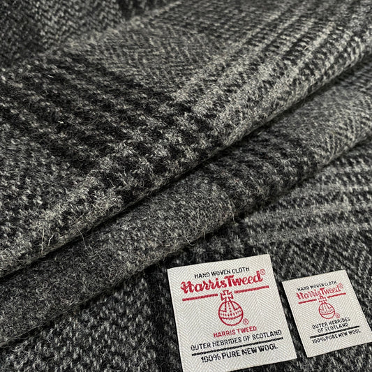 Black & Mid Grey/Dark Grey Herringbone Check Harris Tweed - BY THE METRE / HALF