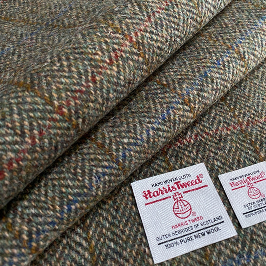 Green Tones Herringbone With Red, Blue & Brown Overcheck Harris Tweed