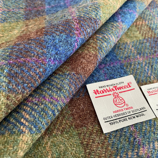Blue & Army Green Tartan Check Harris Tweed - BY THE METRE / HALF