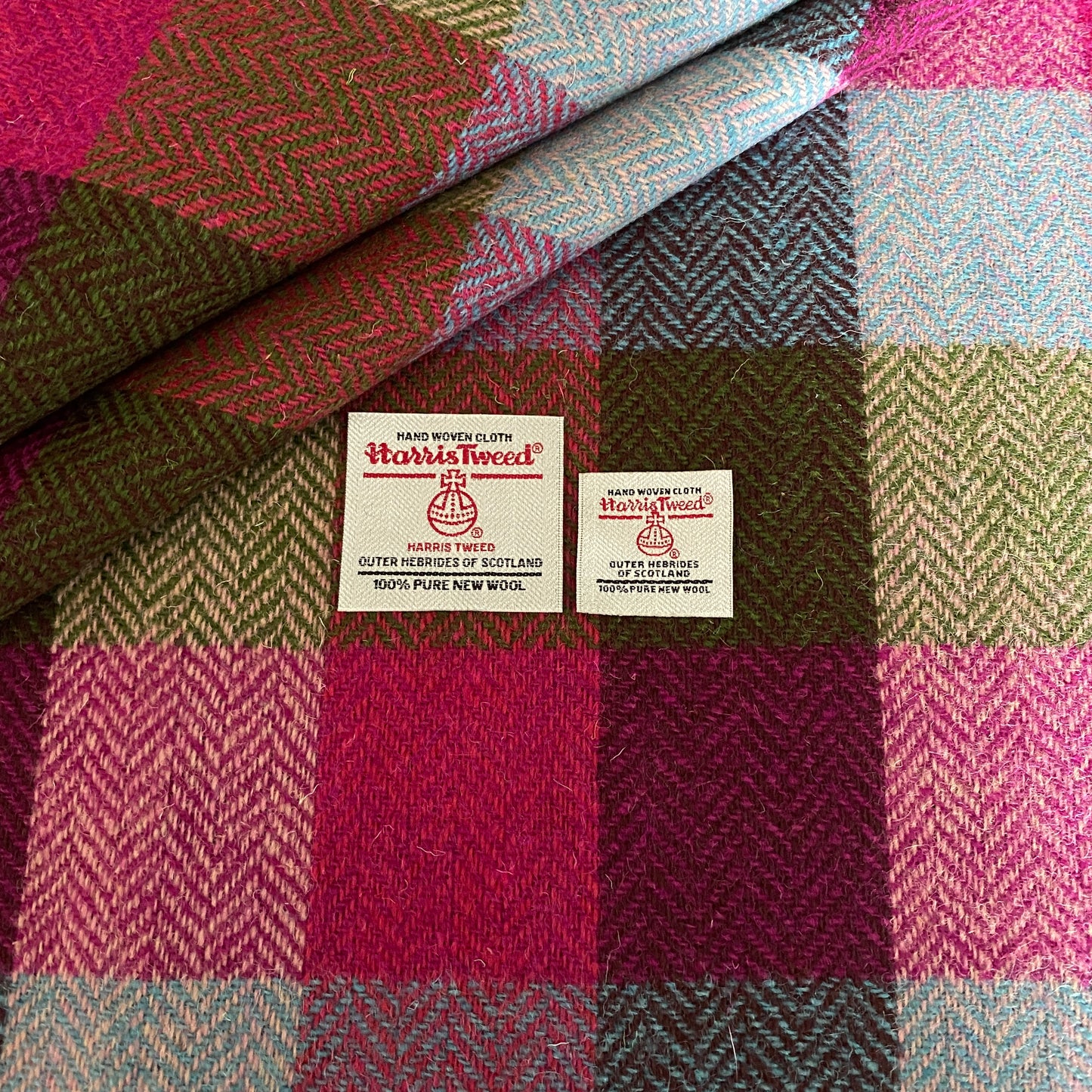Blue, Pink & Green Herringbone Check Harris Tweed