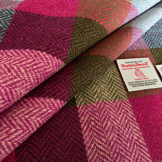 Blue, Pink & Green Herringbone Check Harris Tweed - BY THE METRE / HALF