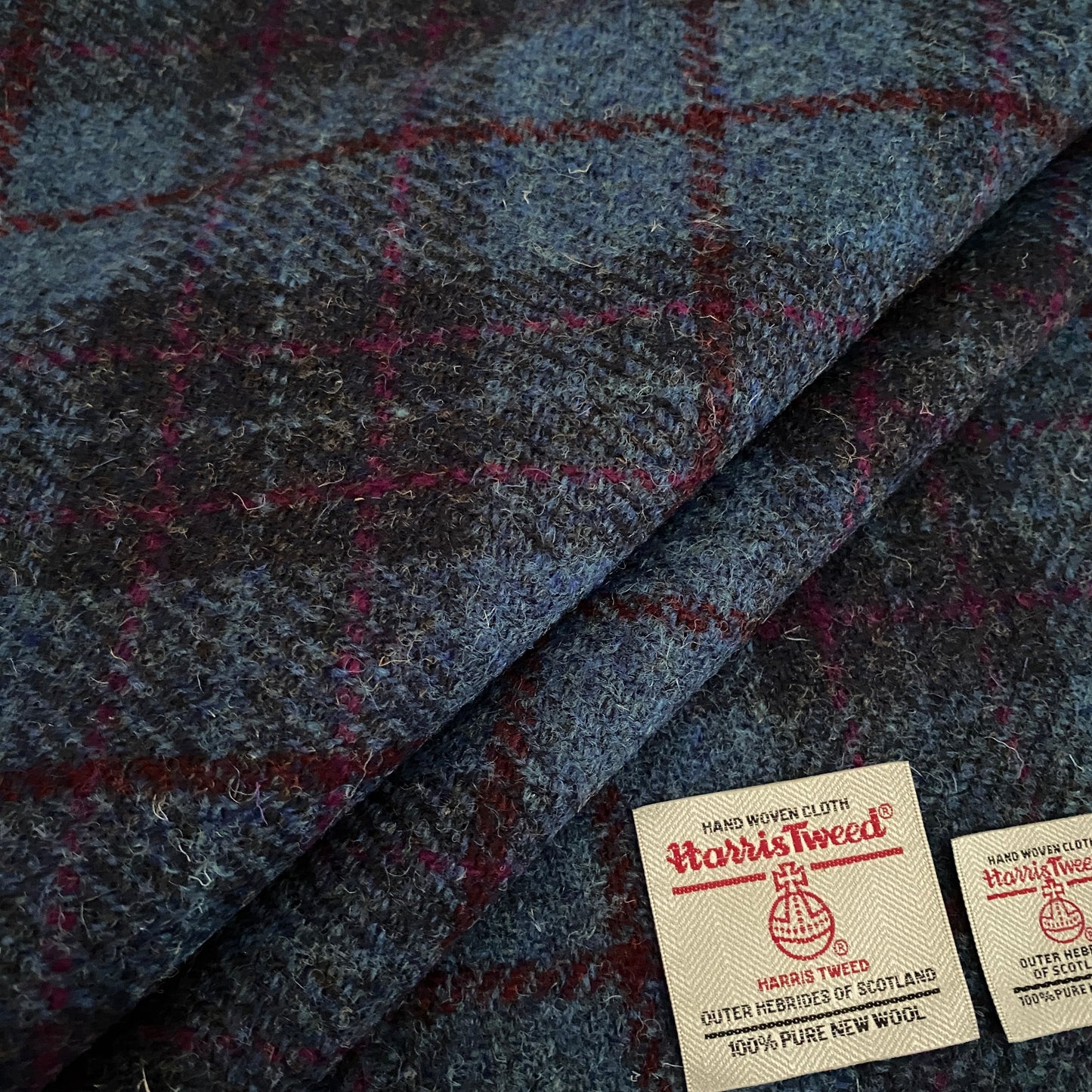Navy Blue Tartan Check With Pink & Red Overcheck Harris Tweed - BY THE METRE / HALF