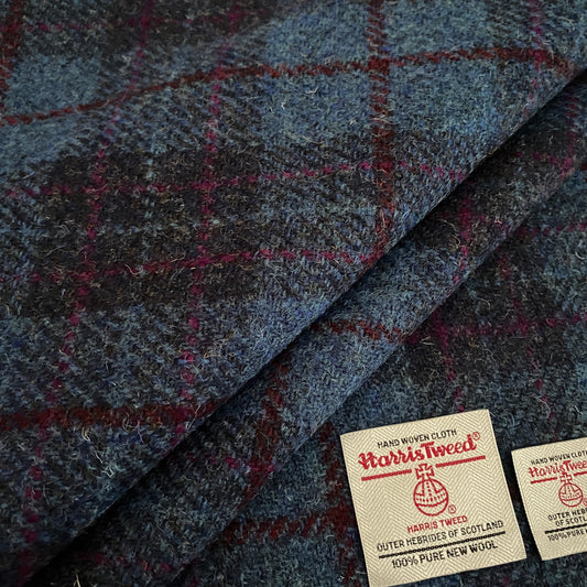 Navy Blue Tartan Check With Pink & Red Overcheck Harris Tweed - BY THE METRE / HALF