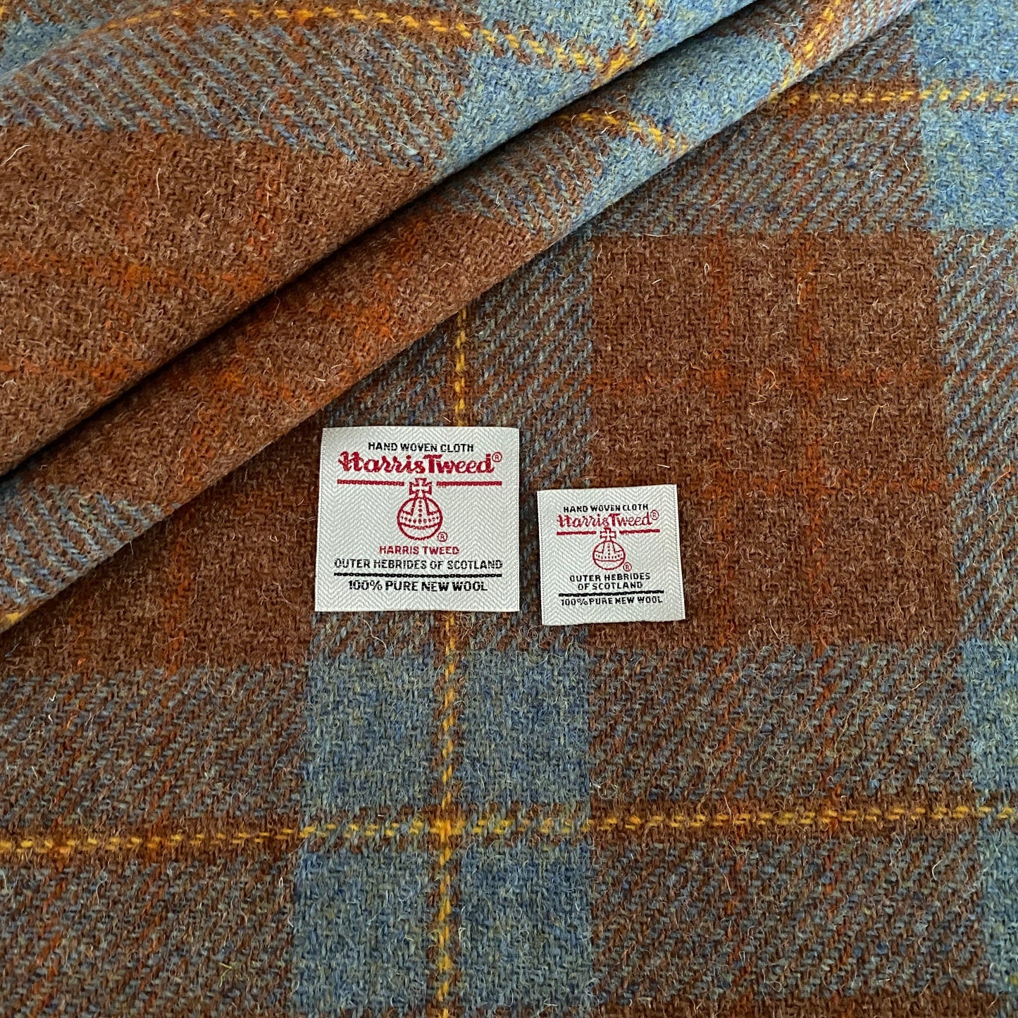 Rustic Brown & Blue Tartan Check Harris Tweed - BY THE METRE / HALF
