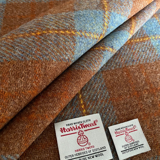 Rustic Brown & Blue Tartan Check Harris Tweed - BY THE METRE / HALF