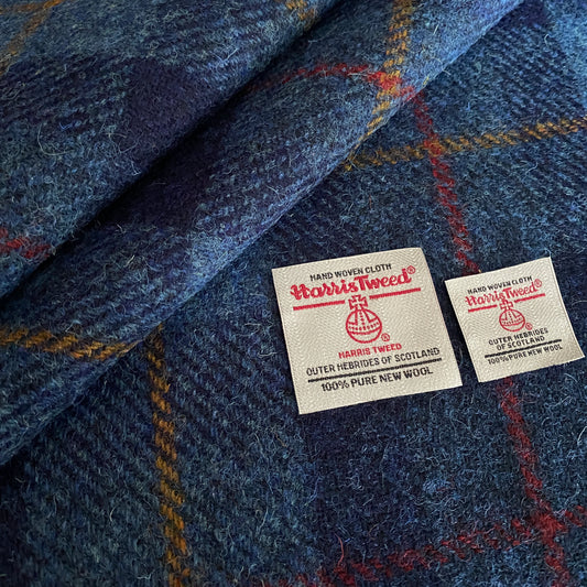 Navy Blue Tartan Check With Yellow & Red Overcheck Harris Tweed - BY THE METRE / HALF METRE