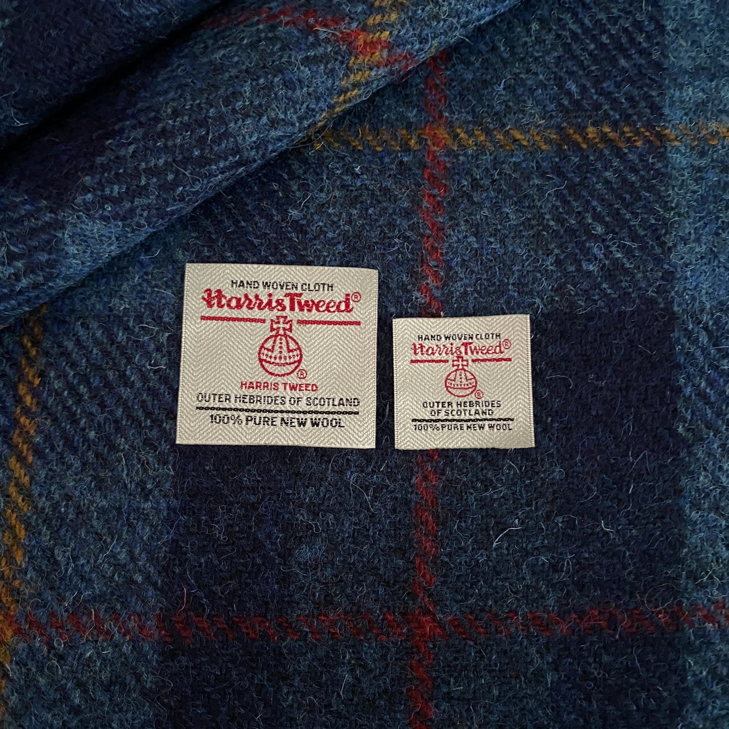 Navy Blue Tartan Check With Yellow & Red Overcheck Harris Tweed - BY THE METRE / HALF METRE