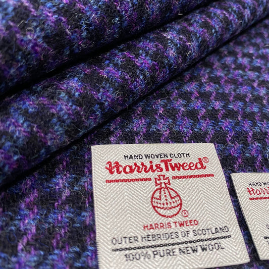 Black, Purple & Blue Houndstooth Harris Tweed - BY THE METRE / HALF