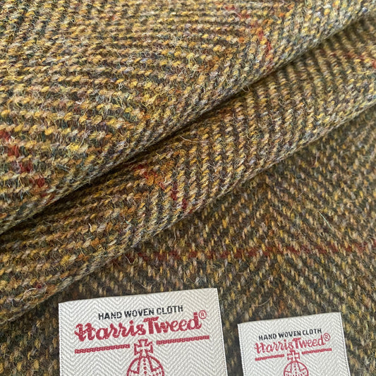 Brown & Yellow Herringbone with Red & Brown Overcheck Harris Tweed - BY THE METRE / HALF
