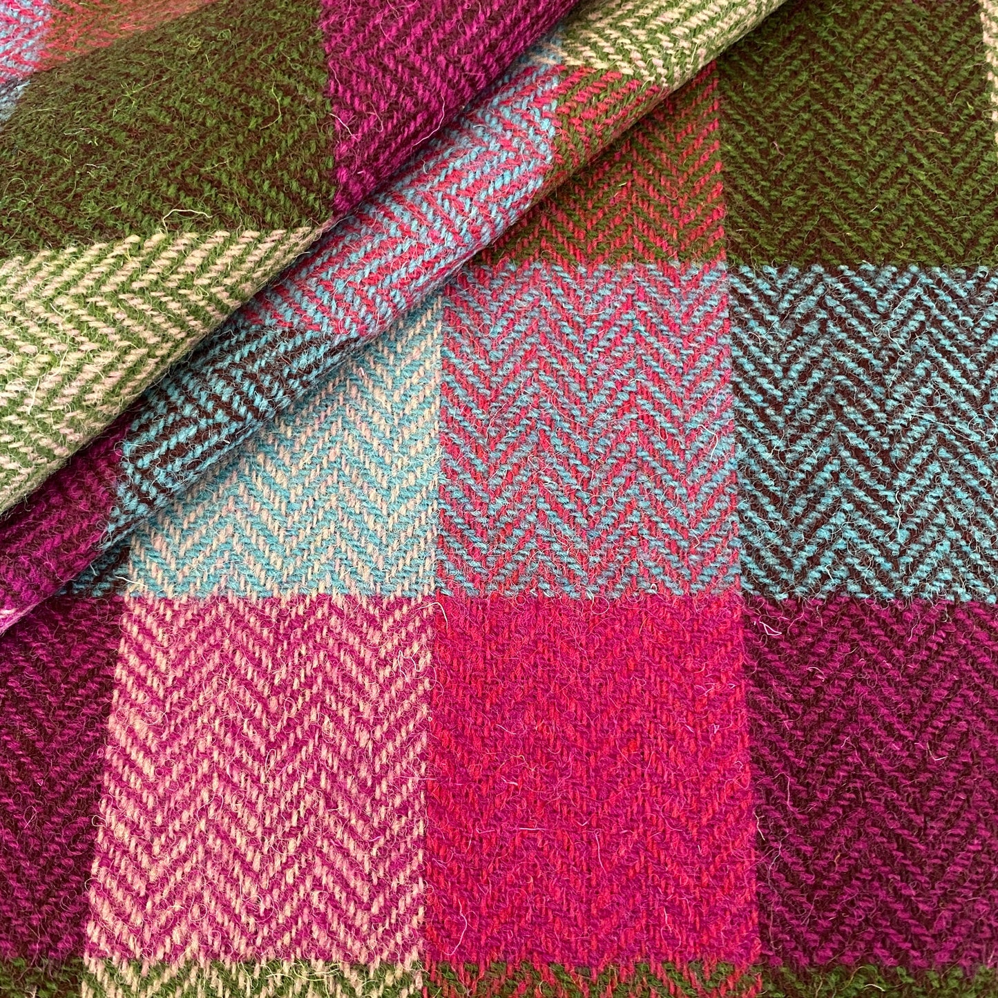 Blue, Pink & Green Herringbone Check Harris Tweed