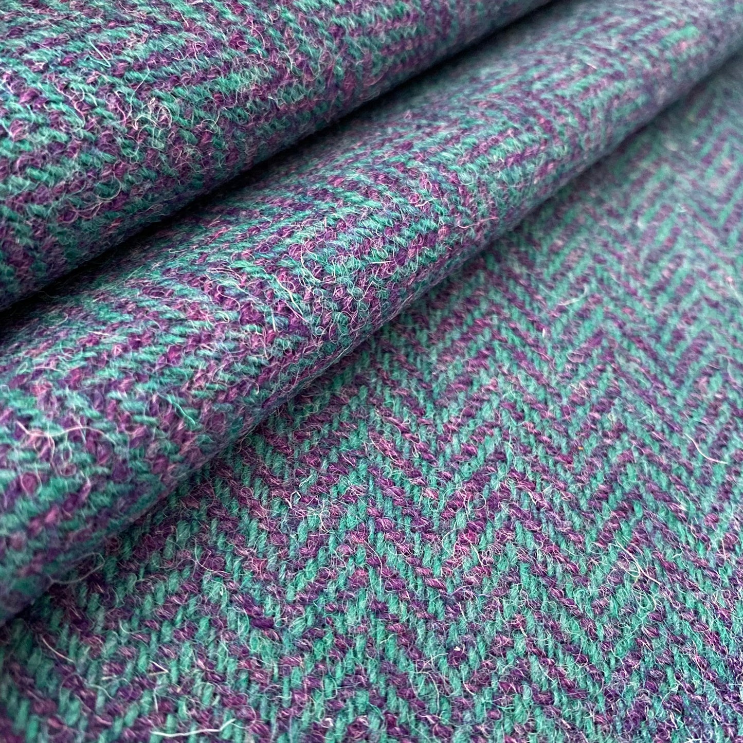 Jade Green & Dark Violet Herringbone Harris Tweed - BY THE METRE / HALF