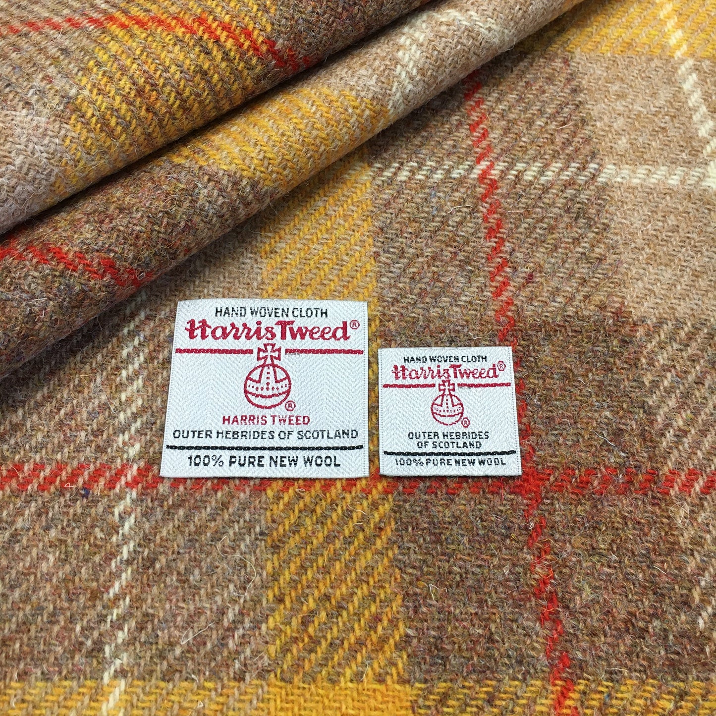 Yellow & Biscuit Beige Tartan With Orange & White Overcheck Harris Tweed - BY THE METRE / HALF