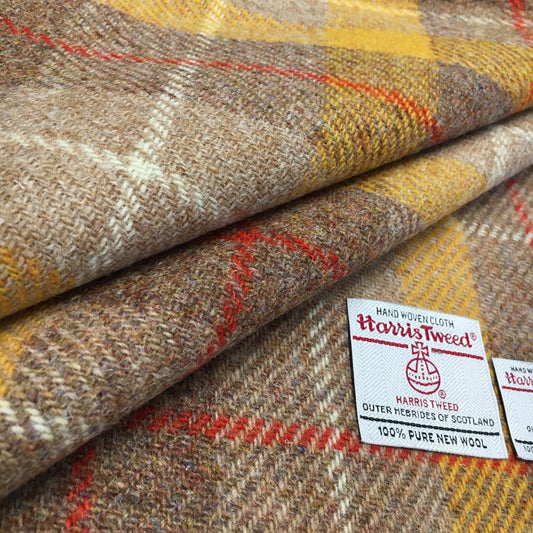 Yellow & Biscuit Beige Tartan With Orange & White Overcheck Harris Tweed - BY THE METRE / HALF