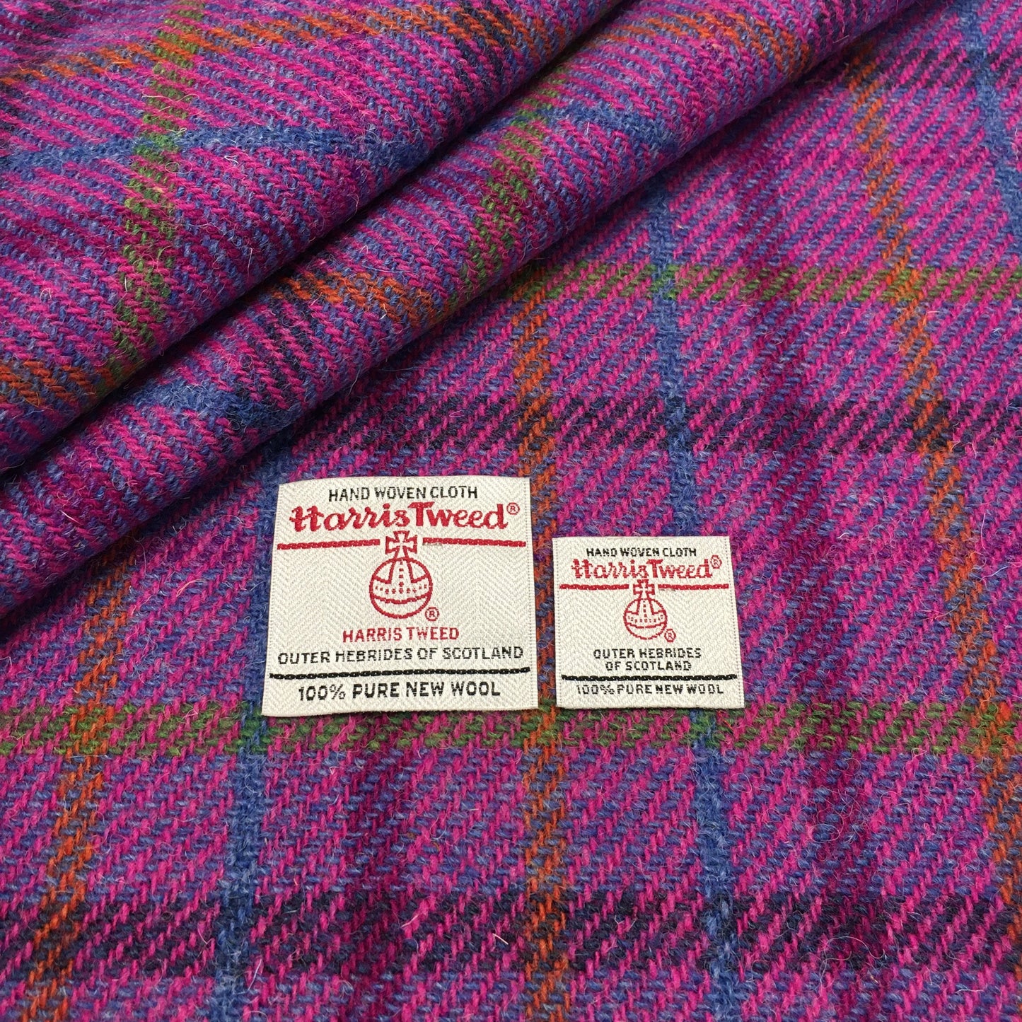 Bright Pink & Blue Diagonal Check With Cerise, Blue & Green Overcheck Harris Tweed - BY THE METRE / HALF