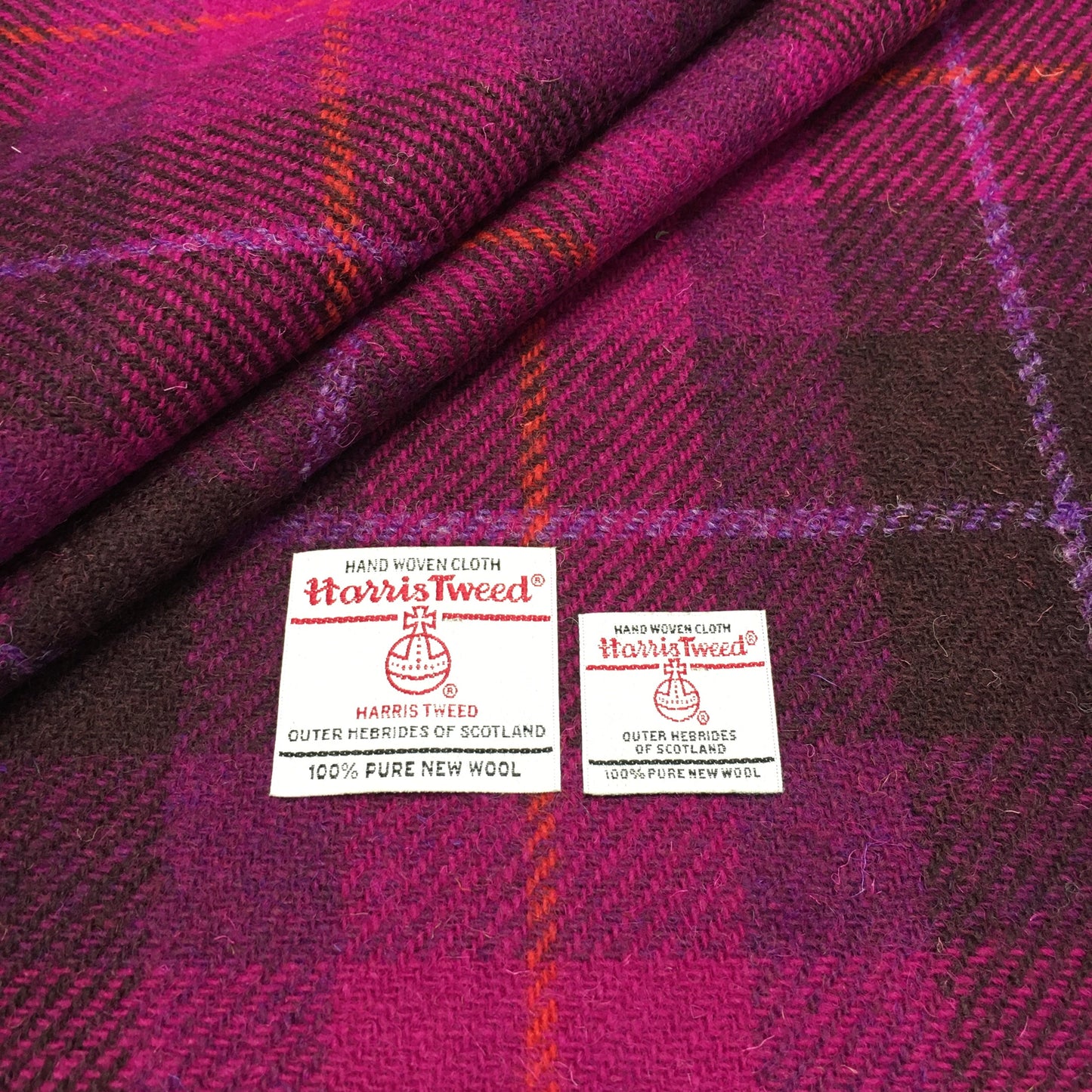 Cerise & Plum Tartan With Orange & Violet Overcheck Harris Tweed - BY THE METRE / HALF