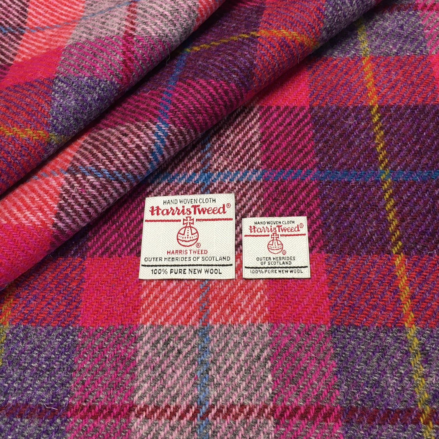 Pink & Purple Tartan With Yellow, Blue & Red Overcheck Harris Tweed - BY THE METRE / HALF