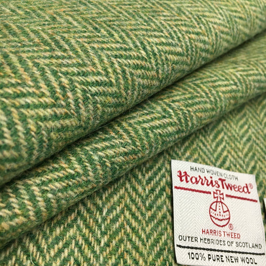 Lawn Green & Oatmeal/Yellow Herringbone Harris Tweed - BY THE METRE / HALF