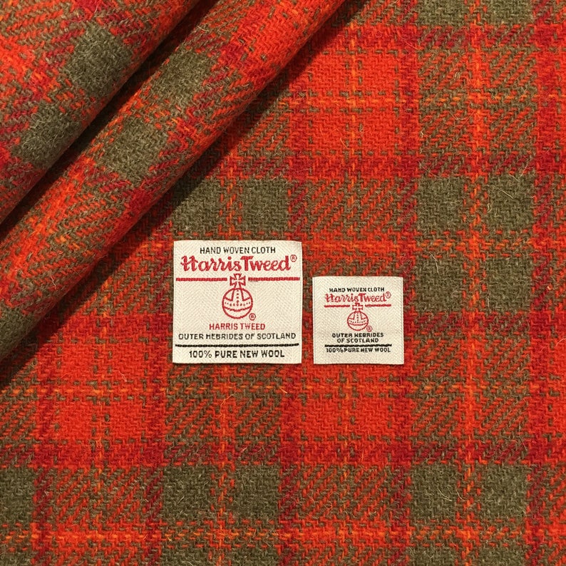 Orange & Olive Green Tartan Check Harris Tweed - BY THE METRE / HALF