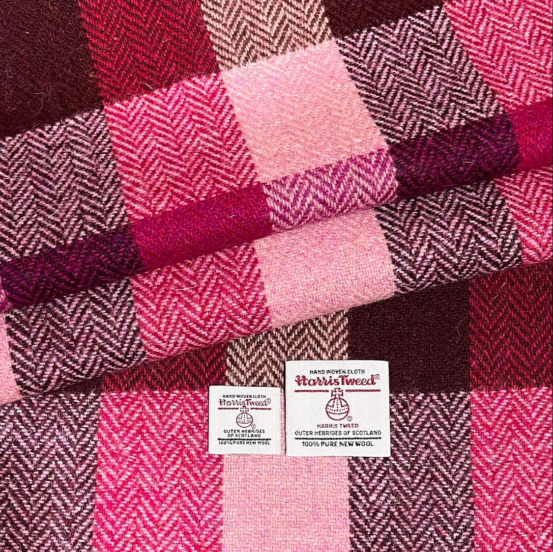 Cerise, Pastel Pink, Pomegranate, & Chocolate Herringbone Check Harris Tweed - BY THE METRE / HALF