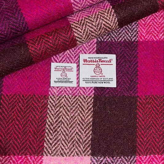 Cerise, Pastel Pink, Pomegranate, & Chocolate Herringbone Check Harris Tweed - BY THE METRE / HALF