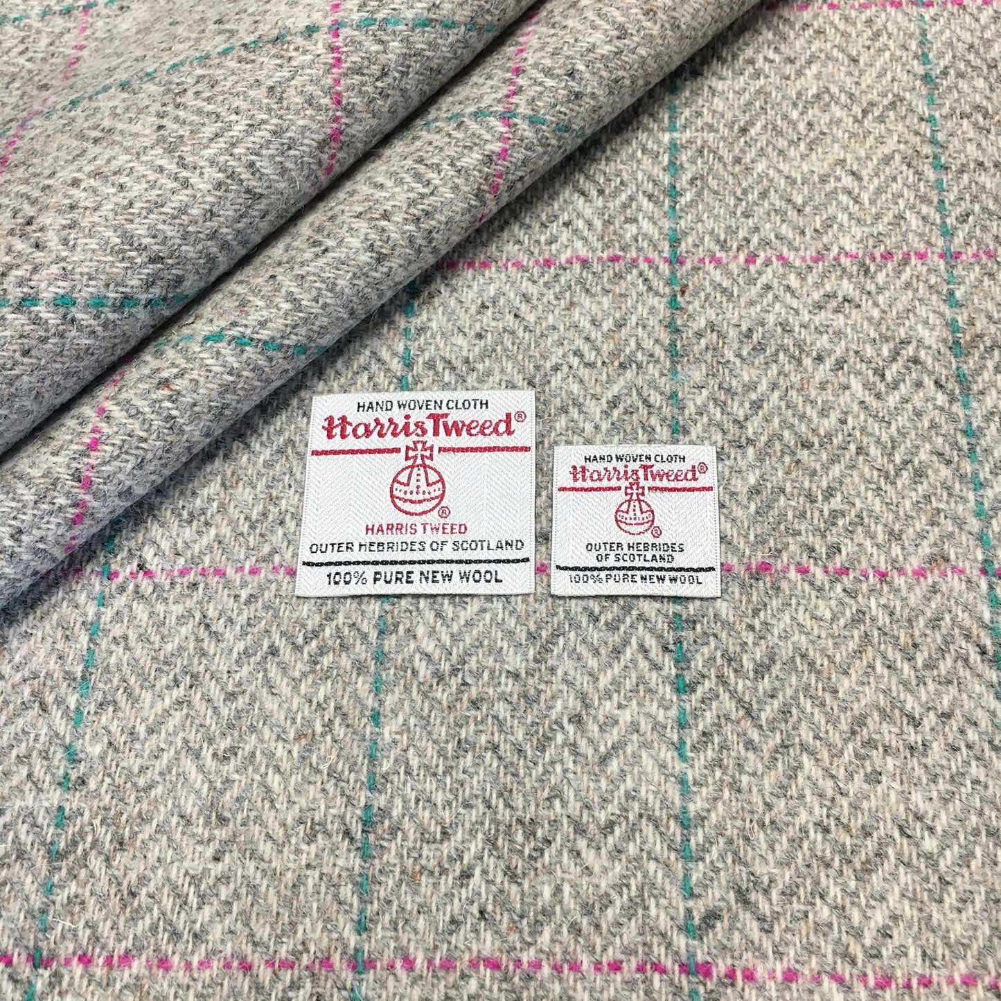 Grey Herringbone With Bright Pink & Jade Green Overcheck Harris Tweed - BY THE METRE / HALF