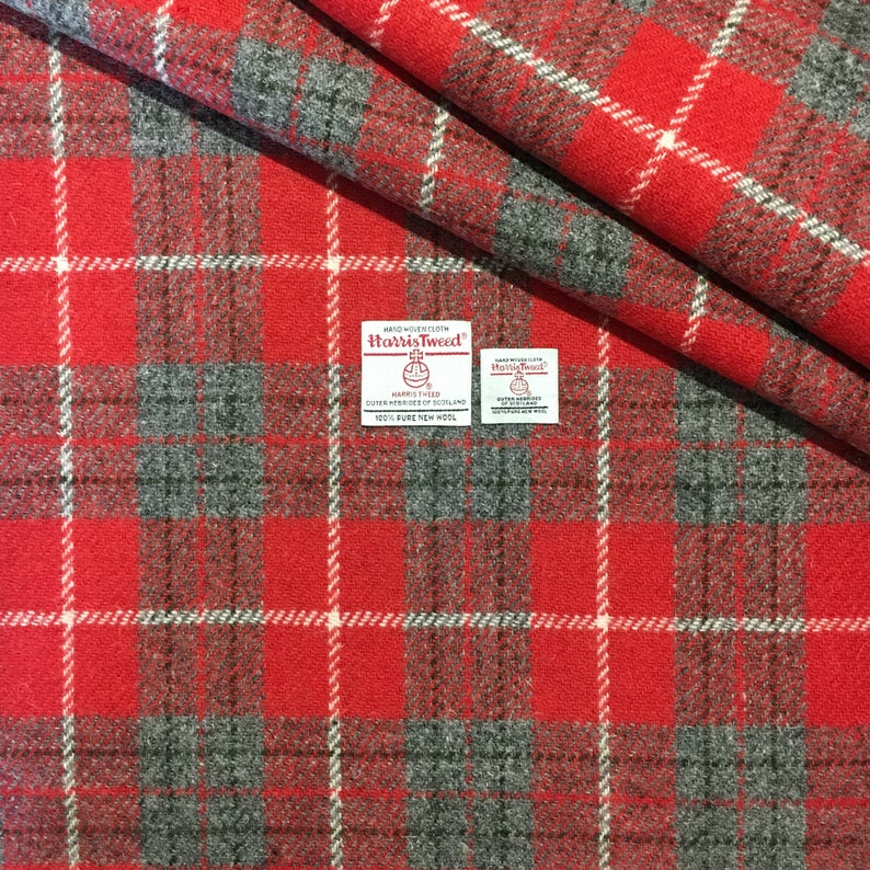 Red & Grey Tartan Check Harris Tweed - BY THE METRE / HALF