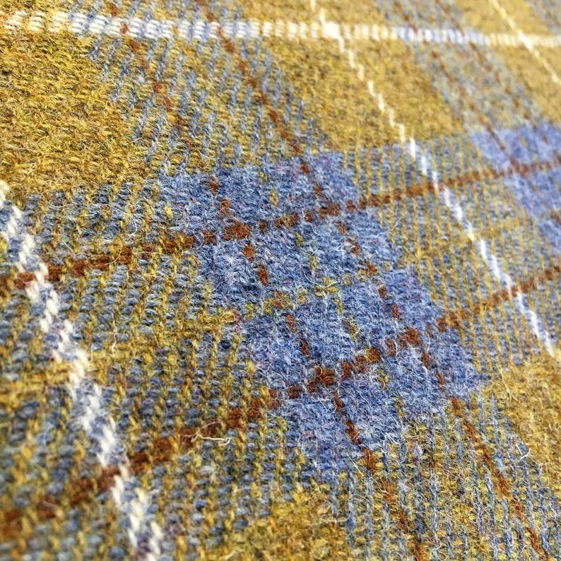 Blue & Mustard Yellow Tartan Check Harris Tweed - BY THE METRE / HALF