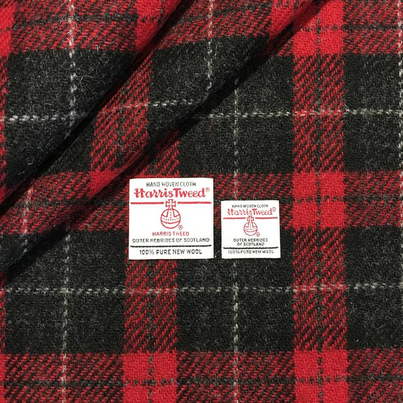 Black & Red Tartan Check Harris Tweed - BY THE METRE / HALF