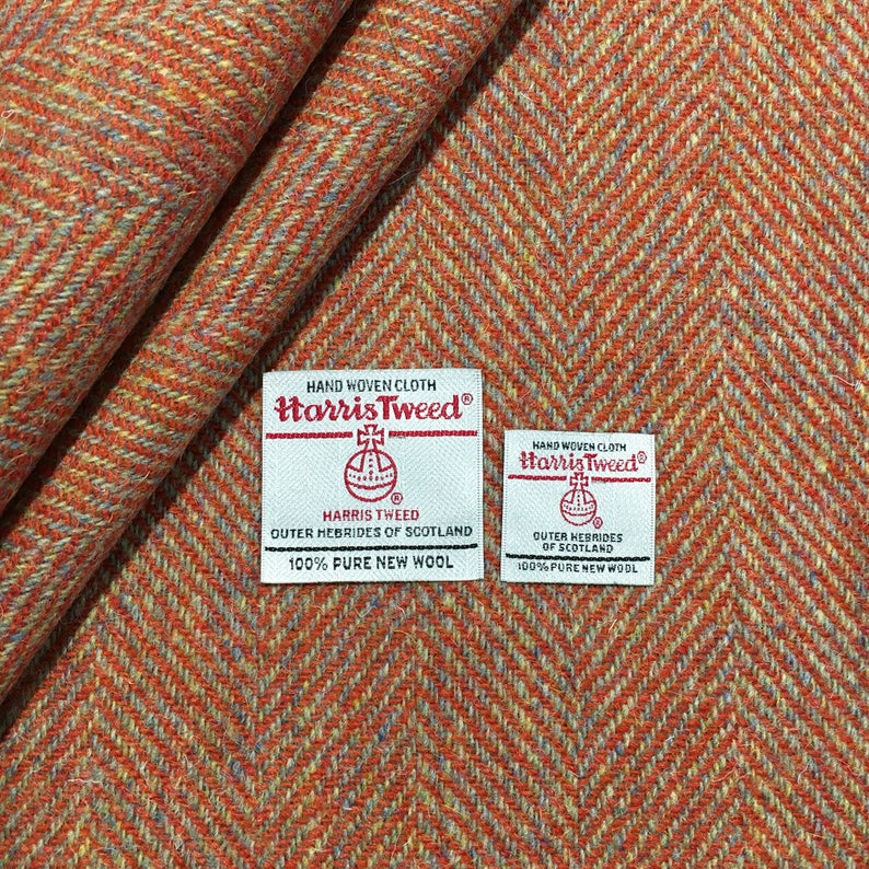 Orange & Mint Green Wide Herringbone Harris Tweed - BY THE METRE / HALF
