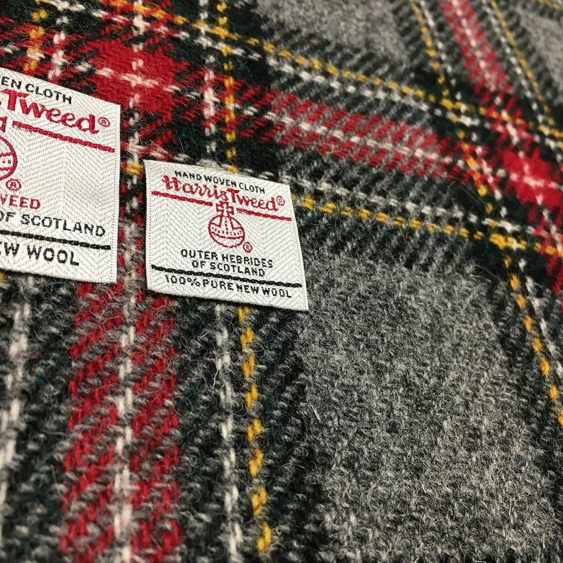 Grey & Red Tartan Check Harris Tweed - BY THE METRE / HALF