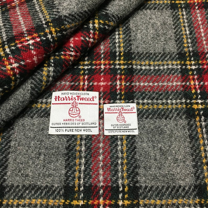 Grey & Red Tartan Check Harris Tweed - BY THE METRE / HALF