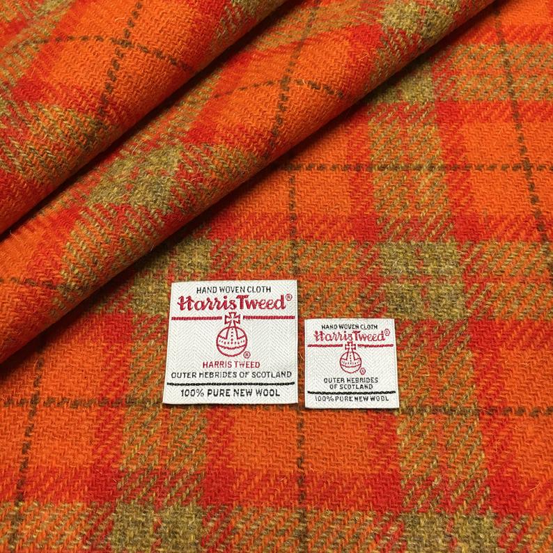 Orange & Mustard Yellow Tartan Check Harris Tweed - BY THE METRE / HALF