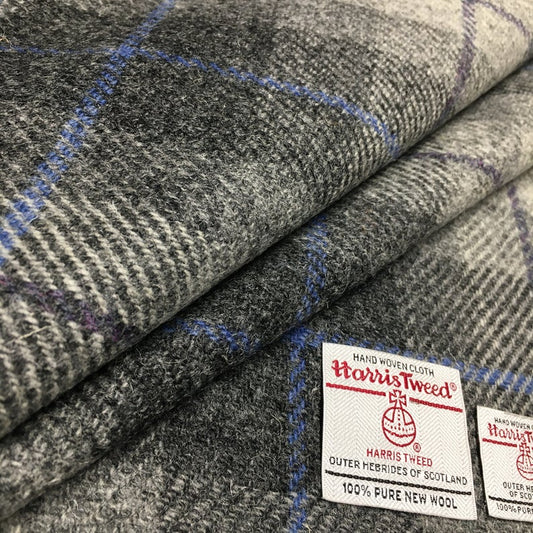 Grey Tartan Check with Grape & Cornflower Blue Overcheck Harris Tweed - BY THE METRE / HALF