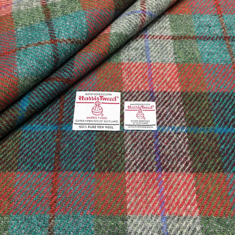 Orange, Green & Jade Tartan Check Harris Tweed - BY THE METRE / HALF