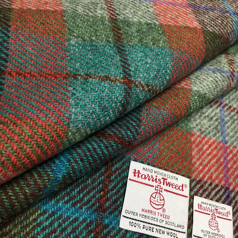 Orange, Green & Jade Tartan Check Harris Tweed - BY THE METRE / HALF