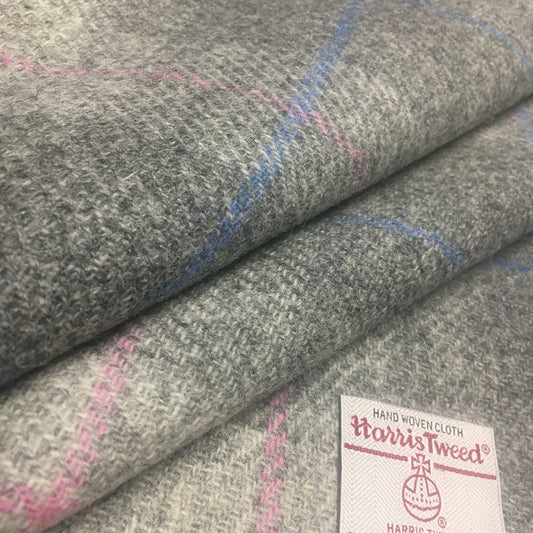 Pastel Grey Tartan Check with Baby Pink & Cornflower Blue Overcheck Harris Tweed - BY THE METRE / HALF