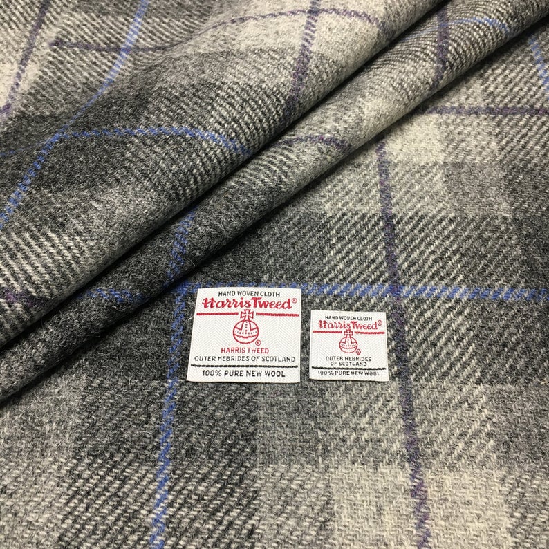 Grey Tartan Check with Grape & Cornflower Blue Overcheck Harris Tweed - BY THE METRE / HALF
