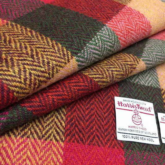 Yellow, Orange & Green Herringbone Check Harris Tweed - BY THE METRE / HALF