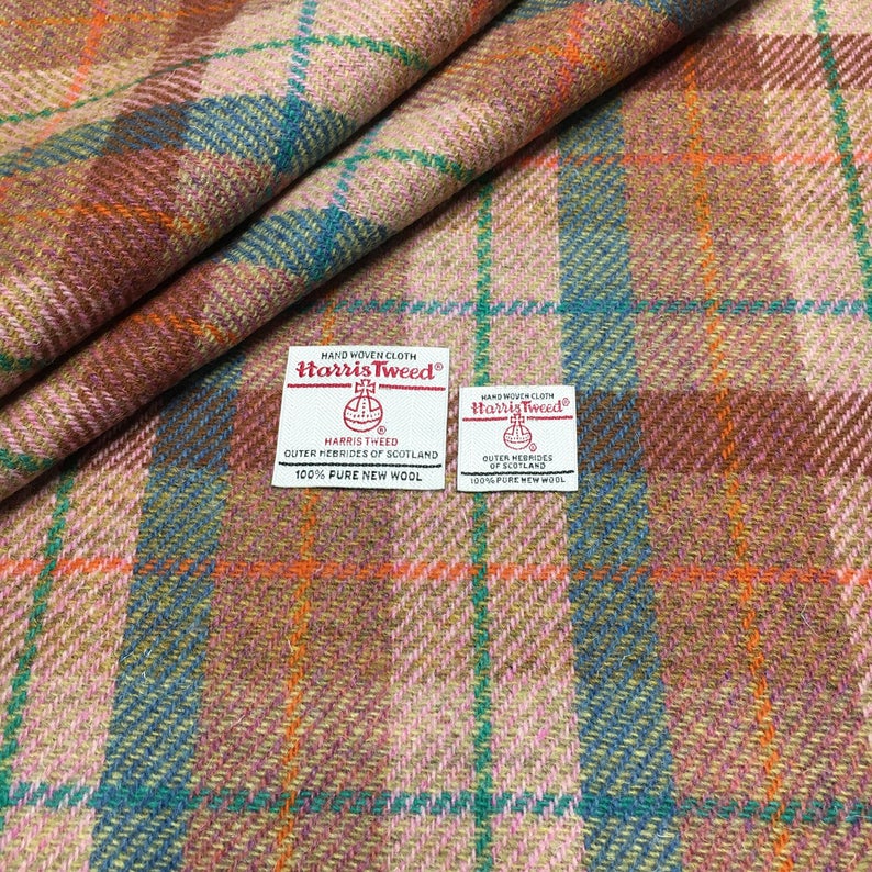 Blush Pink & Turquoise Tartan Check Harris Tweed - BY THE METRE / HALF