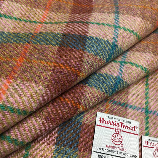 Blush Pink & Turquoise Tartan Check Harris Tweed - BY THE METRE / HALF