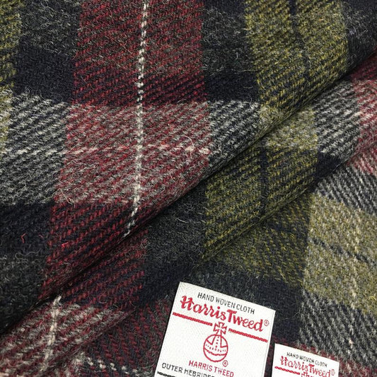 Navy, Burgundy & Green Tartan Check Harris Tweed - BY THE METRE / HALF