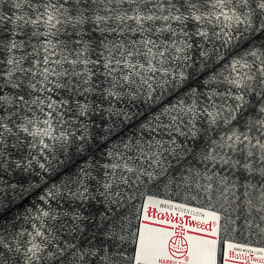 Grey & Black Small Tartan Check Harris Tweed - BY THE METRE / HALF
