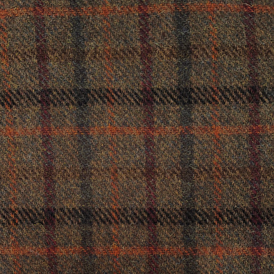 Brown Small Check with Orange, Red & Brown Overcheck Harris Tweed - BY THE METRE / HALF