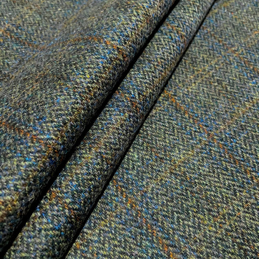 Green Mix Herringbone With Blue & Rust Overcheck Harris Tweed - BY THE METRE / HALF