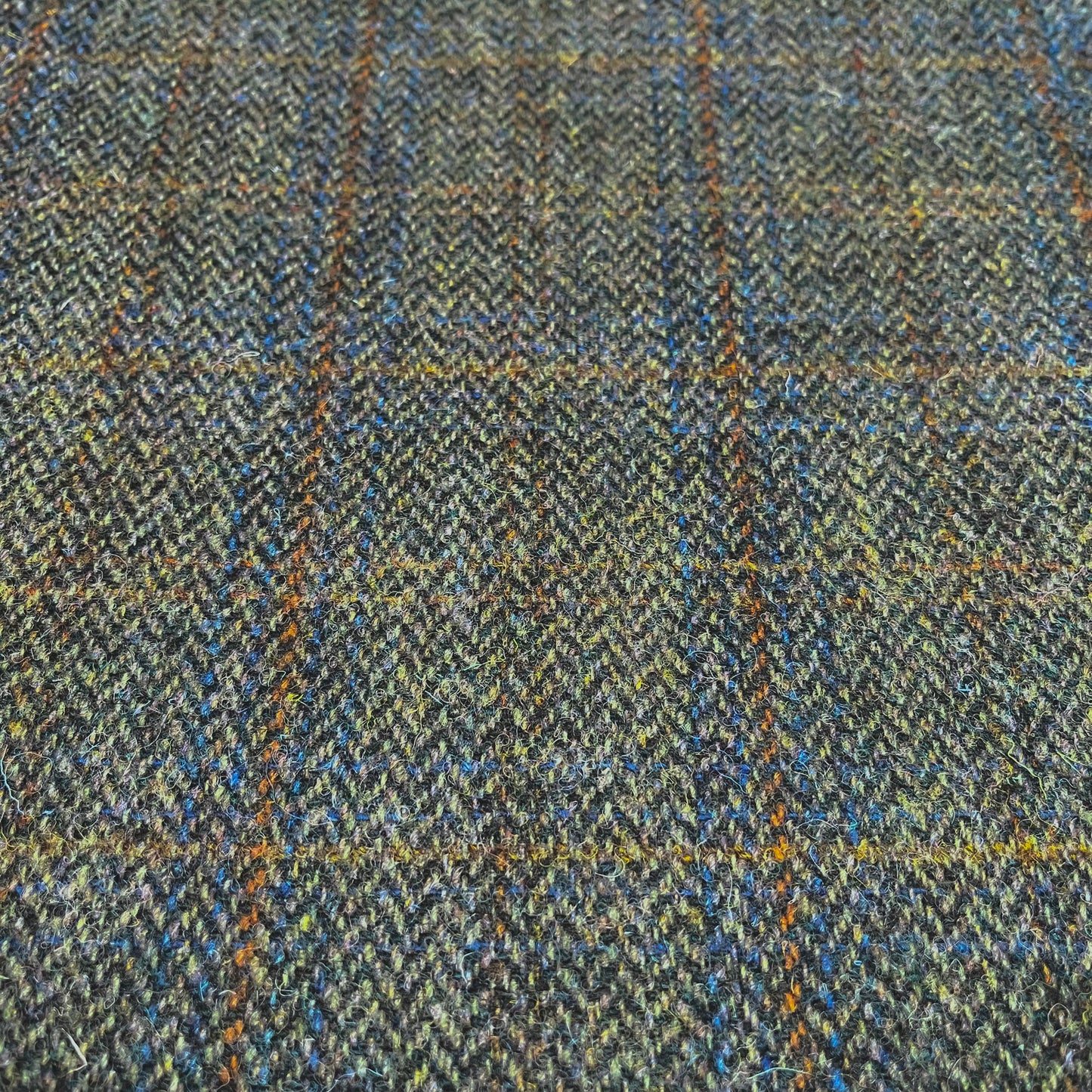 Green Mix Herringbone With Blue & Rust Overcheck Harris Tweed - BY THE METRE / HALF